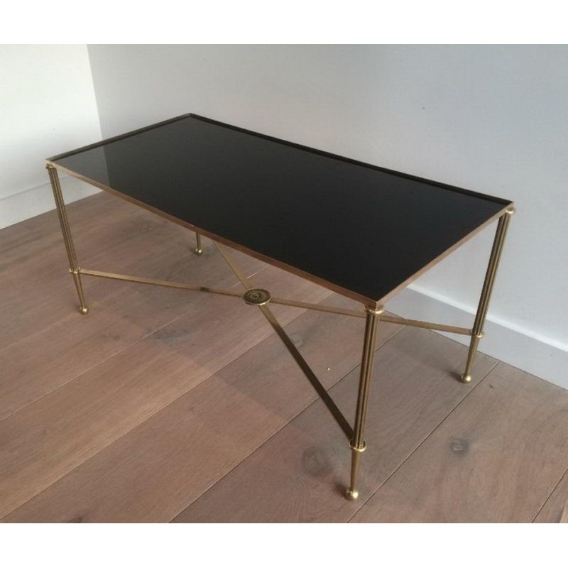 Table Basse Art Déco en Laiton et Verre Laqué Noir, vers 1940