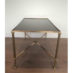 Art Deco Brass Coffee Table with Black Lacquered Glass, circa 1940