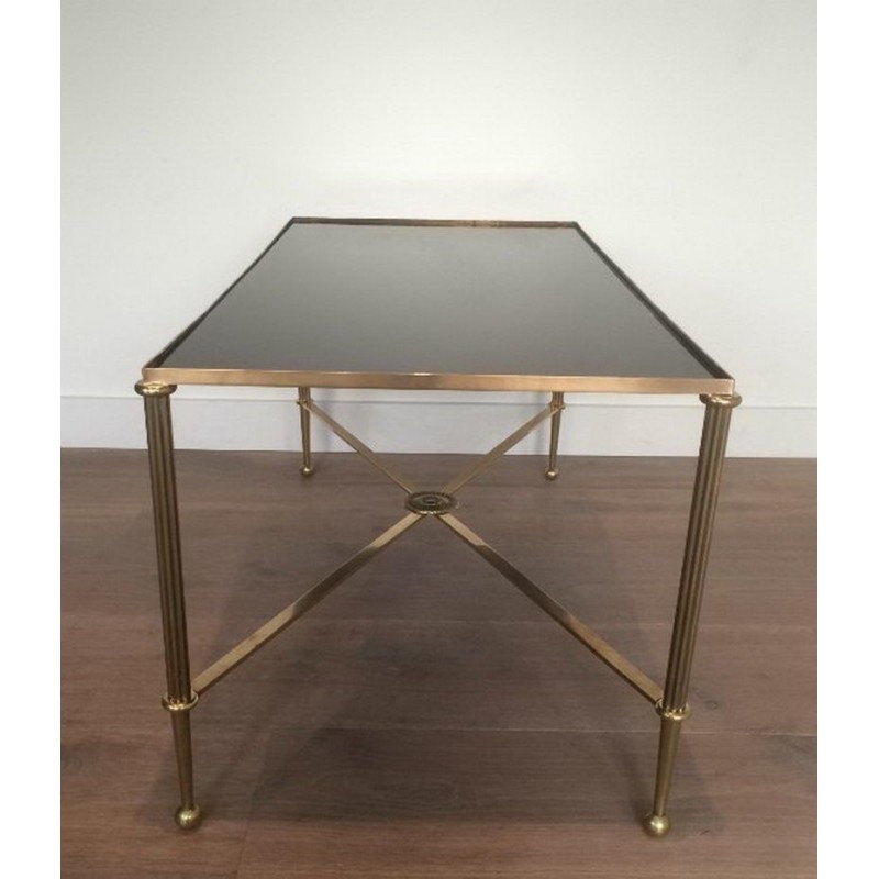 Table Basse Art Déco en Laiton et Verre Laqué Noir, vers 1940