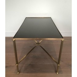 Table Basse Art Déco en Laiton et Verre Laqué Noir, vers 1940