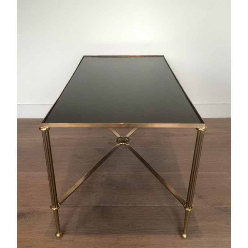 Art Deco Brass Coffee Table with Black Lacquered Glass, circa 1940