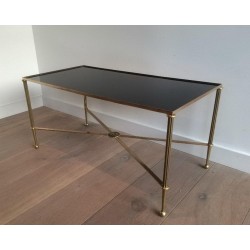 Table Basse Art Déco en Laiton et Verre Laqué Noir, vers 1940