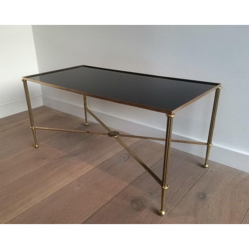 Table Basse Art Déco en Laiton et Verre Laqué Noir, vers 1940