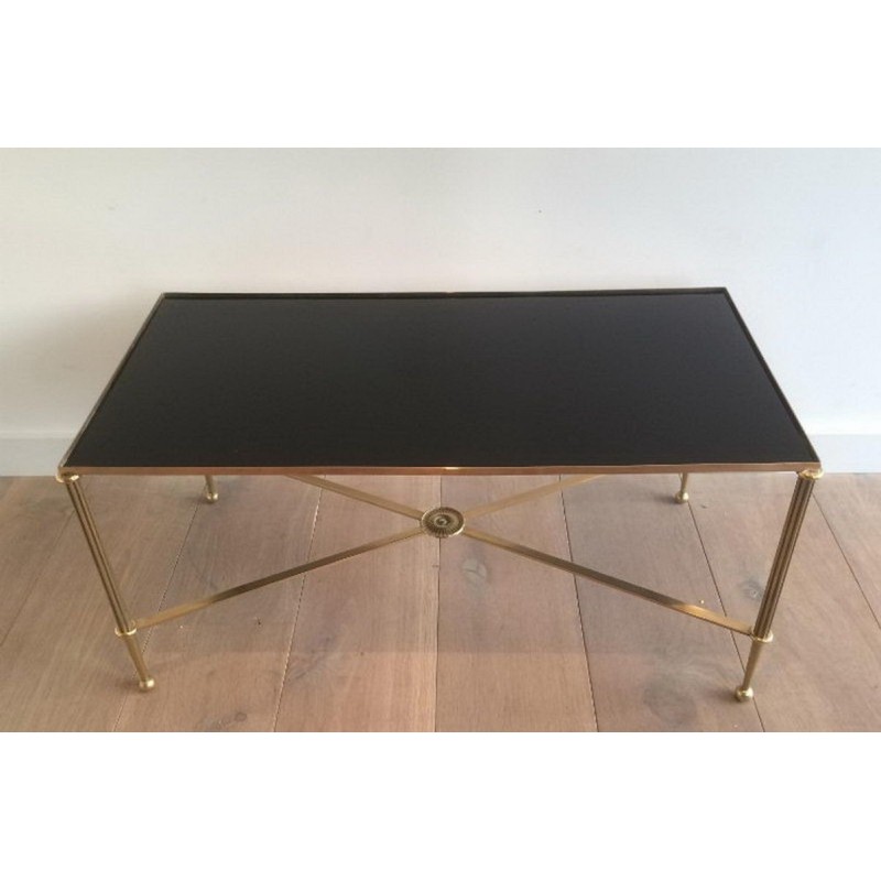 Table Basse Art Déco en Laiton et Verre Laqué Noir, vers 1940