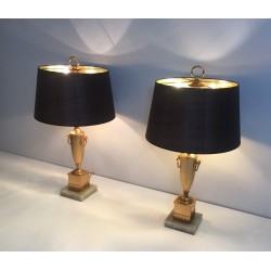 Paire de Lampes Néoclassiques Dorées sur Socle d'Onyx, Travail Français, vers 1970