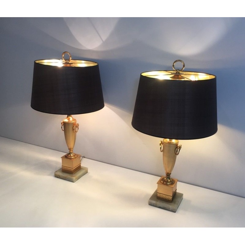 Paire de Lampes Néoclassiques Dorées sur Socle d'Onyx, Travail Français, vers 1970