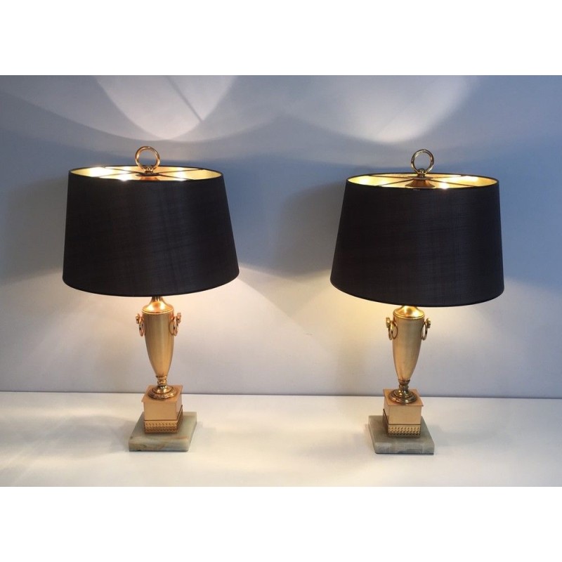 Pair of Neoclassical Style Gilt Lamps on Onyx Base, French Work, circa 1970