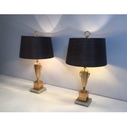 Paire de Lampes Néoclassiques Dorées sur Socle d'Onyx, Travail Français, vers 1970