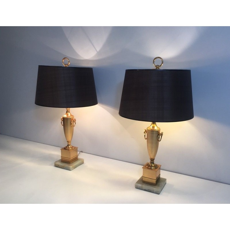 Paire de Lampes Néoclassiques Dorées sur Socle d'Onyx, Travail Français, vers 1970