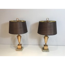 Paire de Lampes Néoclassiques Dorées sur Socle d'Onyx, Travail Français, vers 1970