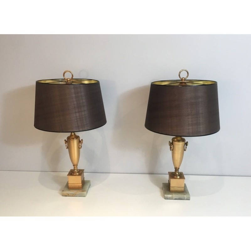 Pair of Neoclassical Style Gilt Lamps on Onyx Base, French Work, circa 1970