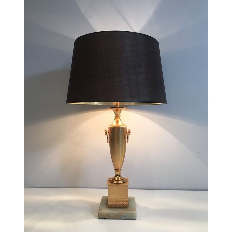 Paire de Lampes Néoclassiques Dorées sur Socle d'Onyx, Travail Français, vers 1970