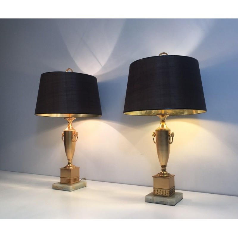 Paire de Lampes Néoclassiques Dorées sur Socle d'Onyx, Travail Français, vers 1970