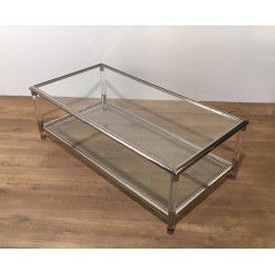 Large Two-Tier Chrome and Lucite Coffee Table, French Work, circa 1970