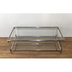 Grande Table Basse à Deux Niveaux en Chrome et Plexiglas, Travail Français, vers 1970