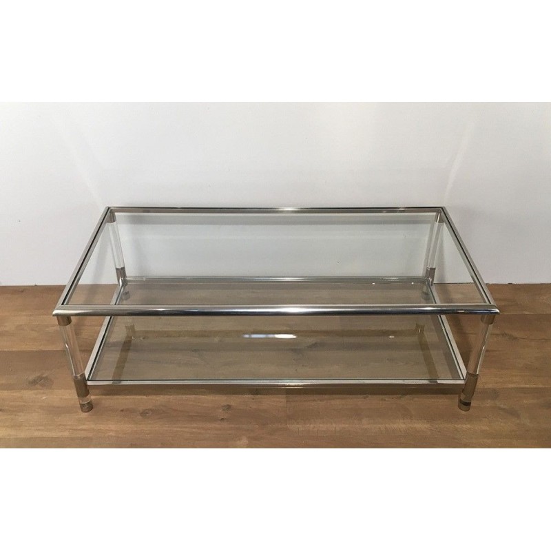 Large Two-Tier Chrome and Lucite Coffee Table, French Work, circa 1970