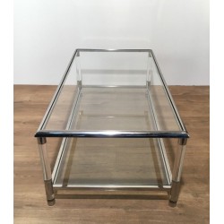 Grande Table Basse à Deux Niveaux en Chrome et Plexiglas, Travail Français, vers 1970