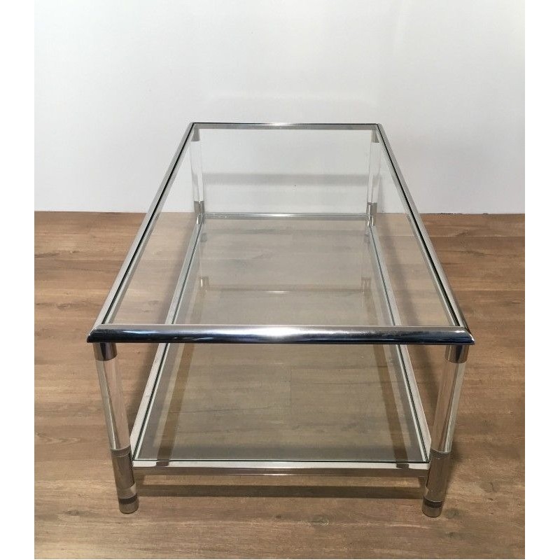 Large Two-Tier Chrome and Lucite Coffee Table, French Work, circa 1970