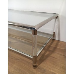 Large Two-Tier Chrome and Lucite Coffee Table, French Work, circa 1970