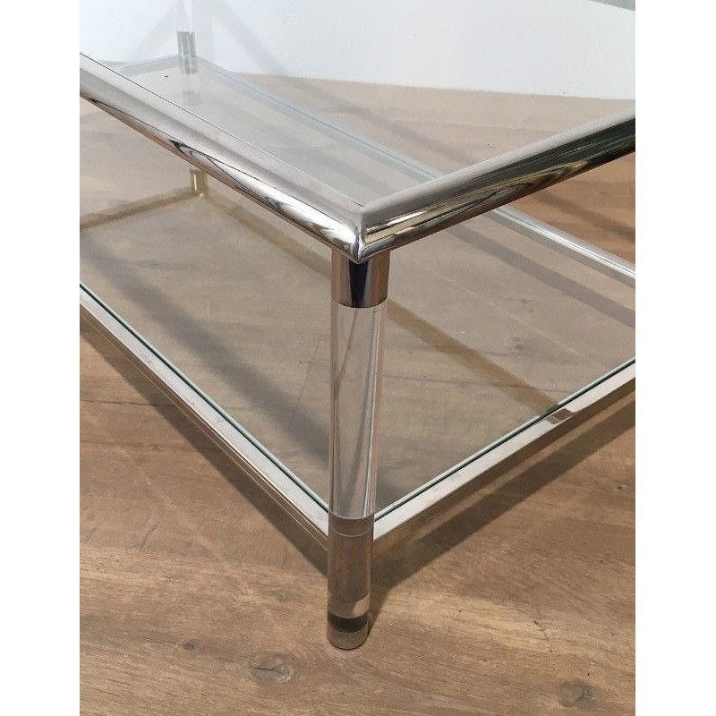 Large Two-Tier Chrome and Lucite Coffee Table, French Work, circa 1970