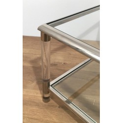 Grande Table Basse à Deux Niveaux en Chrome et Plexiglas, Travail Français, vers 1970