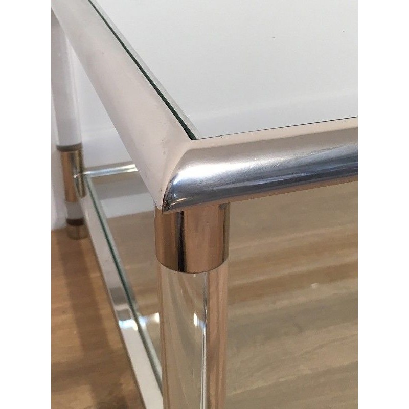 Grande Table Basse à Deux Niveaux en Chrome et Plexiglas, Travail Français, vers 1970