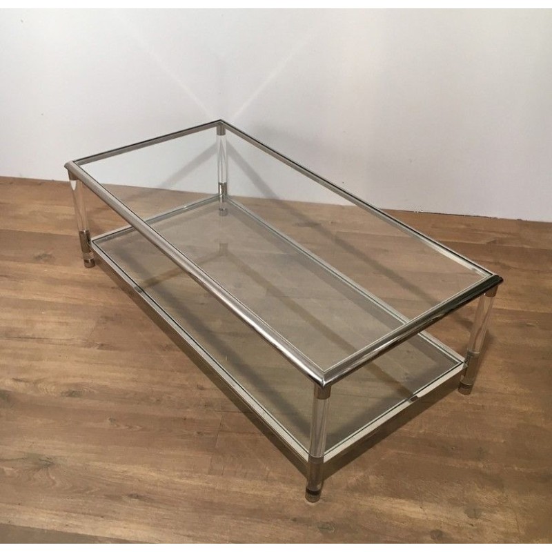 Large Two-Tier Chrome and Lucite Coffee Table, French Work, circa 1970