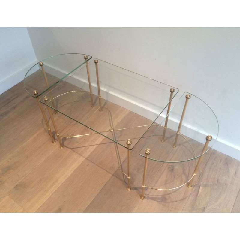 Table Basse Tripartite en Laiton et Verre de la Maison Baguès, vers 1970