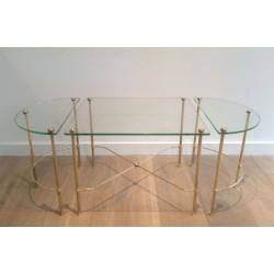 Table Basse Tripartite en Laiton et Verre de la Maison Baguès, vers 1970