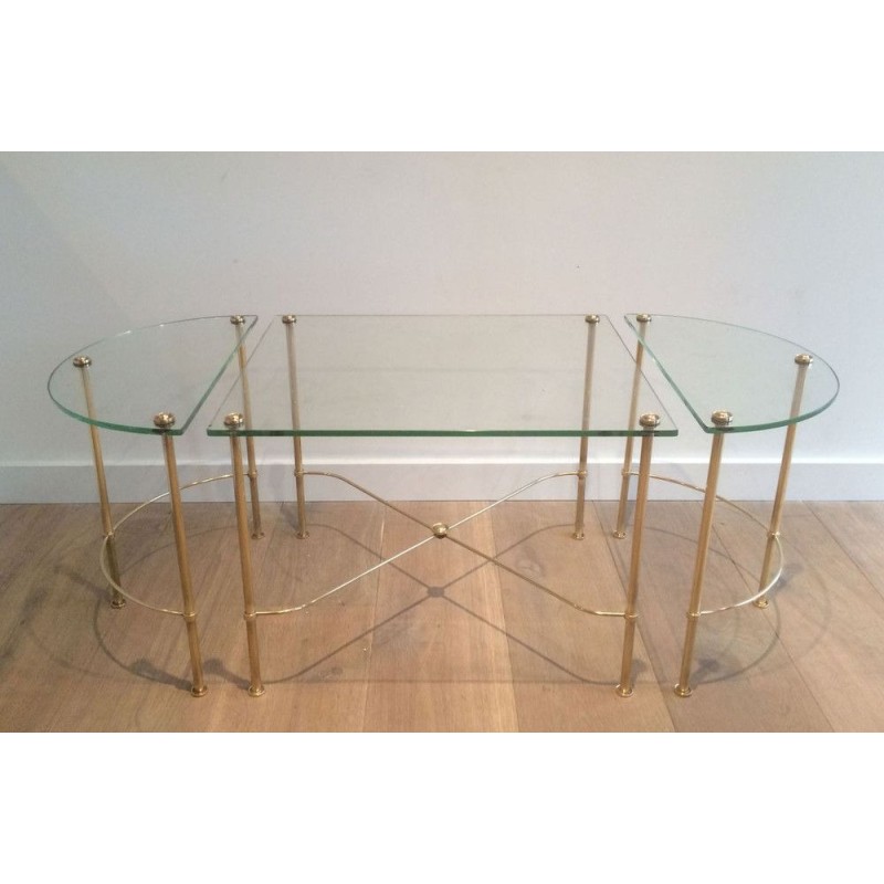 Tripartite Brass and Glass Coffee Table by Maison Baguès, circa 1970