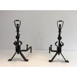 Pair of Arts & Crafts Wrought Iron Andirons, circa 1930