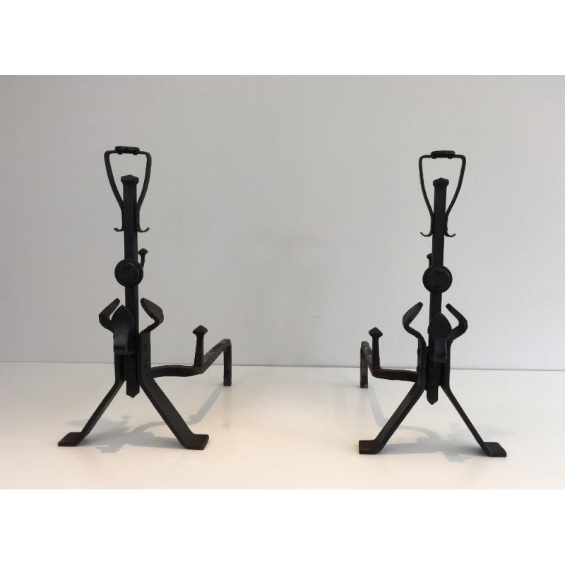 Pair of Arts & Crafts Wrought Iron Andirons, circa 1930