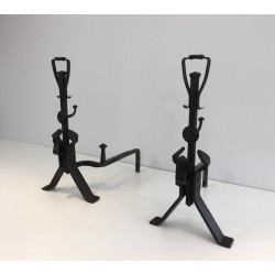 Pair of Arts & Crafts Wrought Iron Andirons, circa 1930