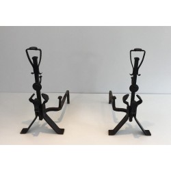 Pair of Arts & Crafts Wrought Iron Andirons, circa 1930