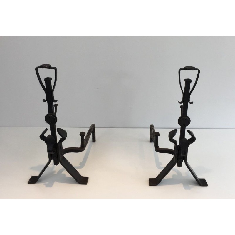 Pair of Arts & Crafts Wrought Iron Andirons, circa 1930