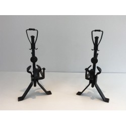 Pair of Arts & Crafts Wrought Iron Andirons, circa 1930