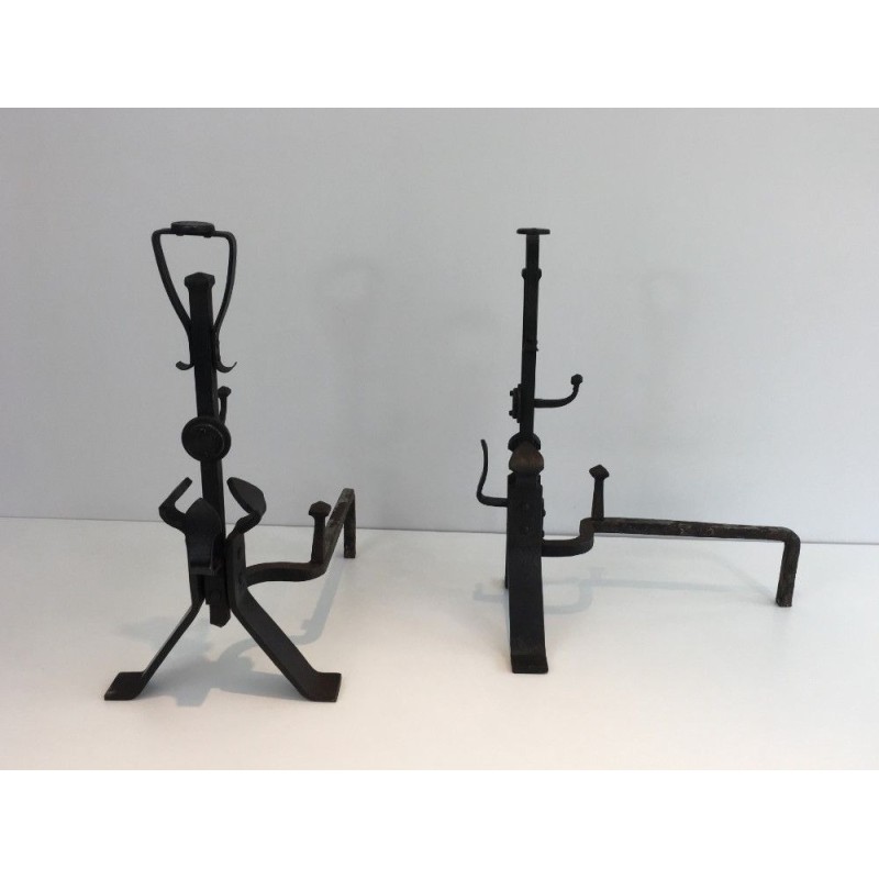 Pair of Arts & Crafts Wrought Iron Andirons, circa 1930