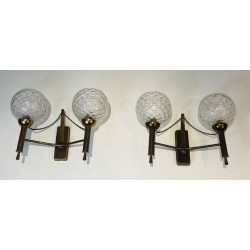 Pair of Brass and Glass Bowls Wall Sconces. Circa 1970