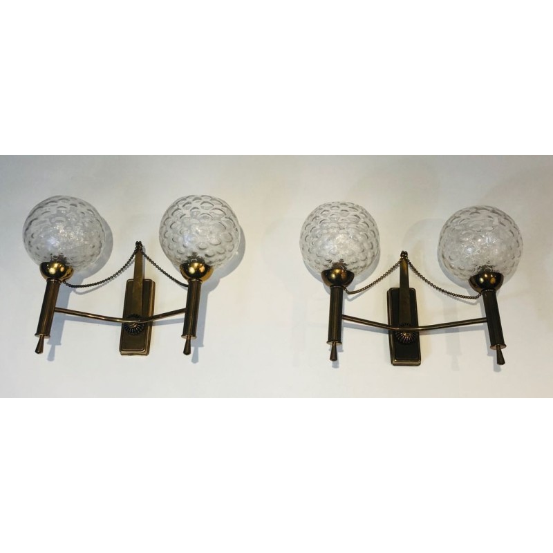 Paire d'Appliques en Laiton et Boules de Verre. Vers 1970
