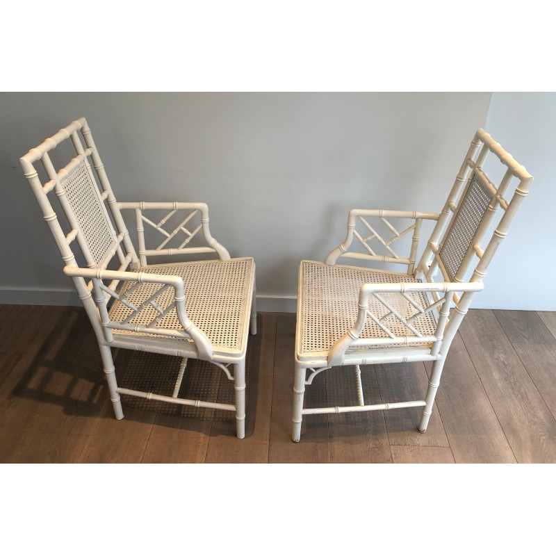 Pair of White Lacquered Wood Faux-Bamboo Armchairs in the Style of Maison Jansen, circa 1970