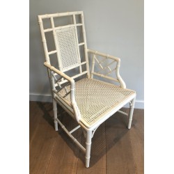 Pair of White Lacquered Wood Faux-Bamboo Armchairs in the Style of Maison Jansen, circa 1970