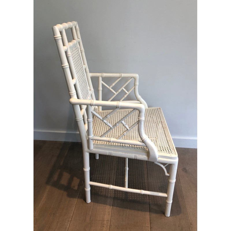 Pair of White Lacquered Wood Faux-Bamboo Armchairs in the Style of Maison Jansen, circa 1970