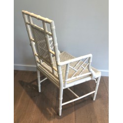 Pair of White Lacquered Wood Faux-Bamboo Armchairs in the Style of Maison Jansen, circa 1970