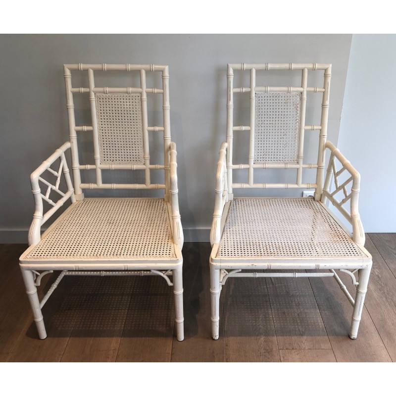 Pair of White Lacquered Wood Faux-Bamboo Armchairs in the Style of Maison Jansen, circa 1970