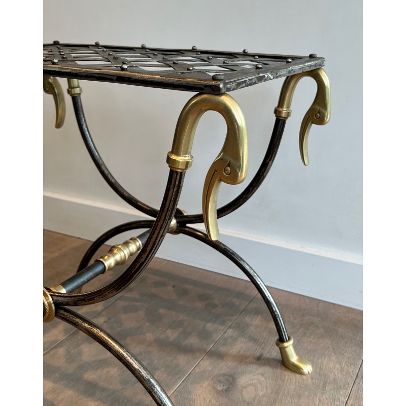 Neoclassical Steel and Brass Curule Stool with Duck Head Decoration, Attributed to Maison Jansen, circa 1940