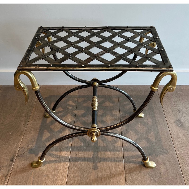 Neoclassical Steel and Brass Curule Stool with Duck Head Decoration, Attributed to Maison Jansen, circa 1940