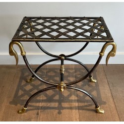 Neoclassical Steel and Brass Curule Stool with Duck Head Decoration, Attributed to Maison Jansen, circa 1940