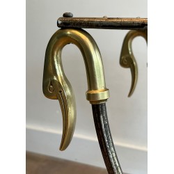 Neoclassical Steel and Brass Curule Stool with Duck Head Decoration, Attributed to Maison Jansen, circa 1940