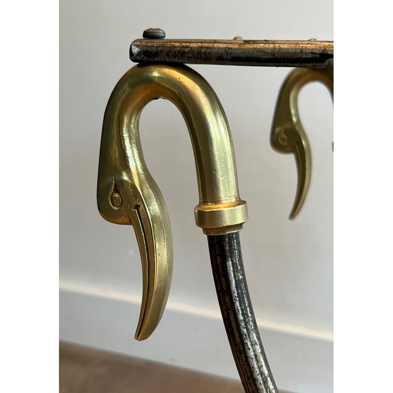 Tabouret Curule Néoclassique en Acier et Laiton à Décors de Têtes de Canard, Attribué à la Maison Jansen, vers 1940