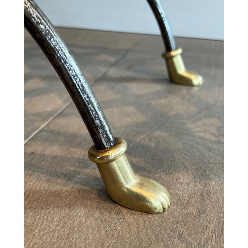 Neoclassical Steel and Brass Curule Stool with Duck Head Decoration, Attributed to Maison Jansen, circa 1940